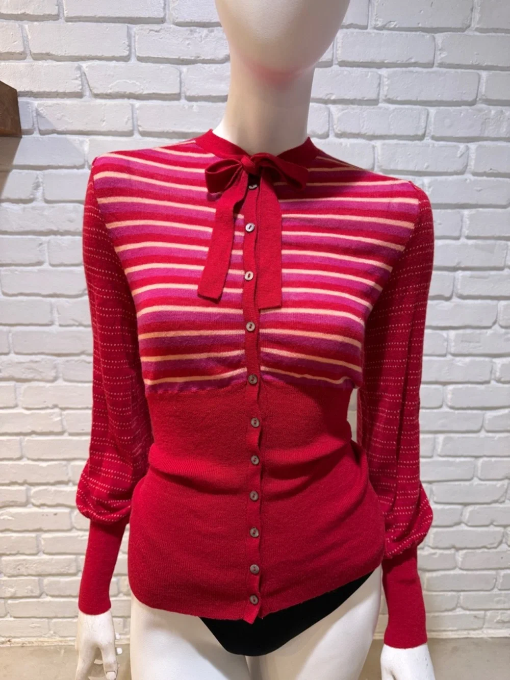 Free People Red Stripe Tie Neck Sweater S NWOT Boho Knit Blouse - Picture 9 of 14